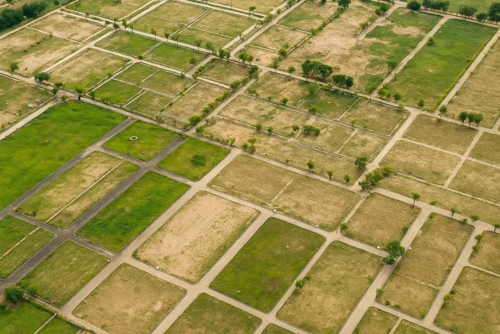 Aerial view of Skymarx Kharkhoda plots with wide roads and green space near Maruti plant and KMP Expressway